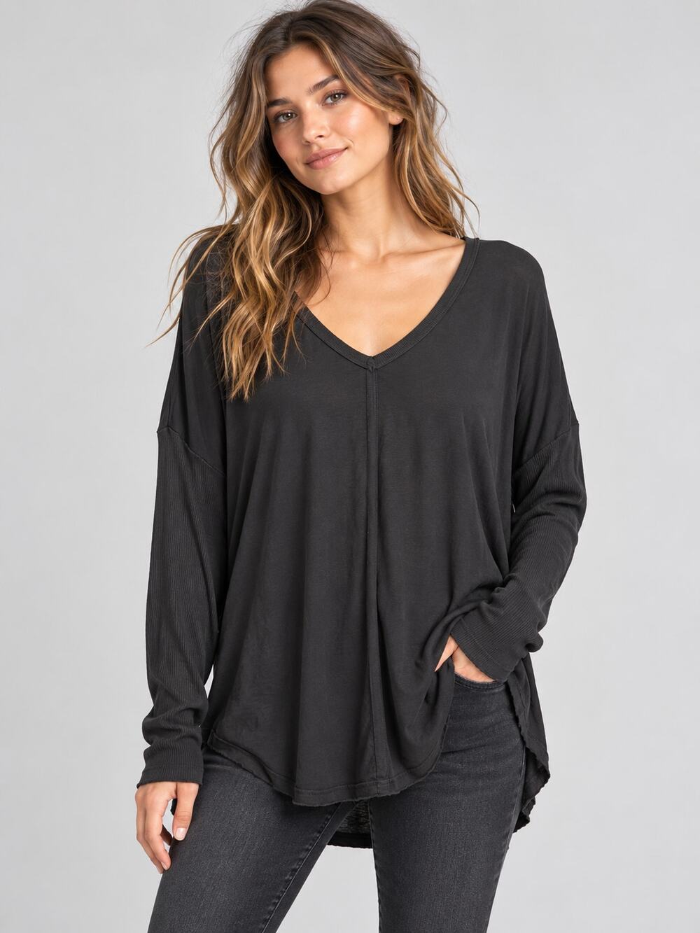 Free People Oversized Long Sleeve Top V-neck Black Size Medium